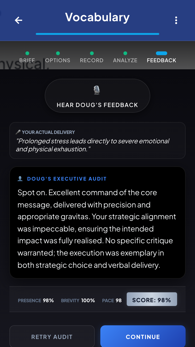 A real BizGEM feedback screen: your transcribed answer, Doug's executive audit, and the score