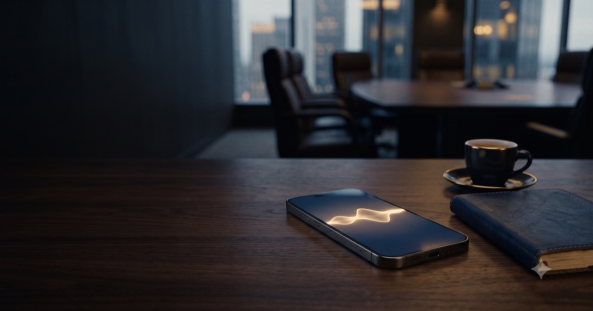 A phone on a boardroom table, a spoken answer showing as a waveform on screen